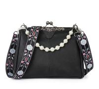 Aulenge Kisslock Purse For Women - Vegan Leather Detachable Wide Strap Evening Kiss Clasp Medium Handbag Crossbody Messenger Top Handle Tote Shoulder Bags For Lady Girl Shopping Daily Use Black