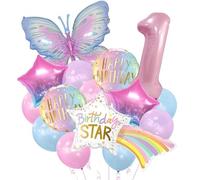 Auliuse 1st Birthday Decorations - 40" Rainbow Star, 39" Butterfly Balloon Set, 32" Pink Number Balloons for Girls Party Supplies and Photo Prop