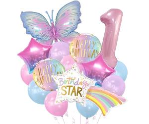 Auliuse 1st Birthday Decorations - 40" Rainbow Star, 39" Butterfly Balloon Set, 32" Pink Number Balloons for Girls Party Supplies and Photo Prop