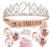 Auliuse 21st Birthday Sash and Tiara Set for Girls, Rose Gold Sash Crown with Balloons and Cake Topper Party Decorations, Happy Birthday Gifts for Women