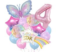 Auliuse 4th Birthday Decorations,40"Rainbow Star & 39" Butterfly Birthday Balloon Set,32" Pink Number Balloons Set Photo Prop for Girls Birthday Party Baby Shower Supplies