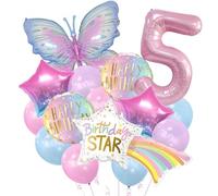 Auliuse 5th Birthday Decorations, 32" Pink Number Balloons, 40" Rainbow Star & 39" Butterfly Balloons, 15pcs Set for Girls Birthday Party
