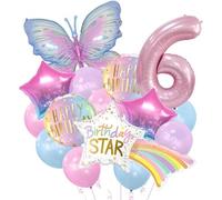 Auliuse 6th Birthday Decorations,40"Rainbow Star & 39" Butterfly Birthday Balloon Set,32" Pink Number Balloons Set Photo Prop for Girls Birthday Party Baby Shower Supplies