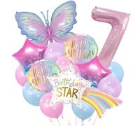 Auliuse 7th Birthday Decorations,40"Rainbow Star & 39" Butterfly Birthday Balloon Set,32" Pink Number Balloons Set Photo Prop for Girls Birthday Party Baby Shower Supplies