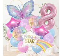 Auliuse 8th Birthday Decorations, 40" Rainbow Star & 39" Butterfly Balloons, 32" Pink Number Balloons, 16pcs Set for Girls Birthday Party