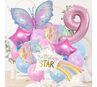 Auliuse 9th Decorations,40“Rainbow Star Birthday & 39" Butterfly Birthday Balloon Set,32" Pink Number Balloons Set Photo Prop for Girls Birthday Party Baby Shower Supplies