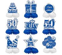 Auliuse Blue Silver 50th Birthday Honeycomb Centerpieces Party Decorations, 9Pcs 50th Birthday Table Toppers Party Decoration Supplies for Men Women Birthday - Cheer to 50 Years Old Birthday (50th)