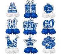 Auliuse Blue Silver 60th Birthday Honeycomb Centerpieces Party Decorations, 9Pcs 60th Birthday Table Toppers Party Decoration Supplies for Men Women Birthday - Cheer to 60 Years Old Birthday (60th)