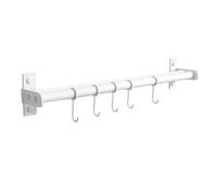 Auliuse Stainless Steel Kitchen Hanging Rail with 5 Hooks Grey, Wall Mounted Kitchen Utensil Rack Self Adhesive for Hanging Cooking Tools Pot Glass Cups (White)