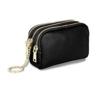 Auliuse Zip Coin Wallet Black Genuine Leather Ladies Purse Portable Mini Wallet Three Zippers Small Wallet for Coin Cash with Many Compartments