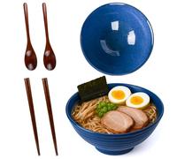 Aulivra 1200ml Ceramic Ramen Bowl Set of 2, 34 Oz with Wooden Chopsticks, Spoons - Japanese Large Ramen Bowl for Soup Salad Pho Cereal Pasta-Microwave & Dishwasher Safe - Gift Collection (Blue)