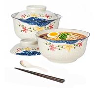 Aulivra Ceramic Ramen Bowl Set, Japanese Ramen Bowls, 28 Oz(800ml), Ceramic Bowl Set for Pasta Bowl, Snack, Soup, Salad, Cereal Food, with Lid, Spoons, Chopsticks (Flower)