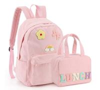 Aulock 2pcs, Corduroy Preppy Backpack Set for Girls - Bookbag with Lunch Bag for Aged 3-9 Back to school Gifts, Pink, 16.5" H x 11.8" L x 5.5" W, Preppy Style