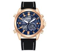 Aulonda Men’s Dual Display Analog Digital Watch, Quartz + Electronic Movement, 46mm Large Dial, 30M Water Resistant, Leather & Silicone Strap, Chronograph Alarm Backlight Sports Watch for Men, Gold