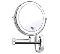 AuLYn Wall Mounted Makeup Mirror 7X Magnification Double Sided Folding Led Bathroom Mirror Retractable 360°Swivel Illuminated Vanity Mirror,Powered by 4 X AAA Batteries,8 Inches