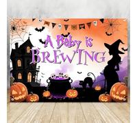 Aumccxz A Baby is Brewing Backdrop - Halloween Baby Shower Decorations - Halloween Gender Reveal Party Decorations Black Purple & Orange