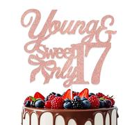Aumccxz Young & Sweet Only 17 Cake Topper Dancing Queen 17th Birthday Decorations Pink Bow 17th Birthday Party Decorations Rose Gold