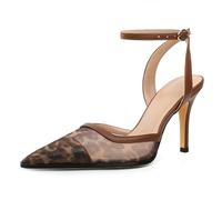 AUMOTED Mesh Heels for Women Closed Pointed Toe Stiletto High Heels Backless Dress Shoes 3.5 Inch Sexy Pumps, Brown Leopard, 6 UK