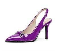 AUMOTED Women Beaded Pumps Slingback High Heel Stilettos Pointed Toe Shoes Slip On 3.5 Inch Ankle Strap Adjustable Patent Leather US Size 5-13, Purple, 7 UK