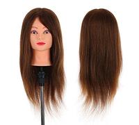 Aumotop 24'' Hairdressing Training Head with Real Human Hair, Salon Head for Braiding and Styling Practice, Dummy Manikin for Barber Shop, Dark Brown Model Holder Included