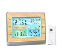 Aumotop Color Weather Station LED Screen Home Wireless Weather Station Clock 6in Brightness Adjustable Temperature Humidity Indoor Outdoor for Digital Forecaster ABS + Wood