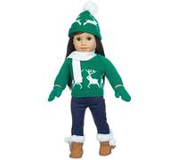 Aumotop Doll Clothes Winter Warm Outfits 18 Inch Doll Unique Design Washable Sweater Trousers Scarf Gloves Suitable for Our Generation Dolls Plush Material Fun Parties (Green)