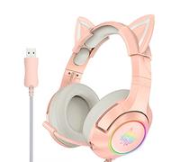 Aumotop Gaming Headset 7.1 Surround Sound Noise Cancelling Cat Ears (USB) | Omnidirectional Microphone, Soft Ear Cushions, RGB Lighting, PC Laptop Headphones, Wired Volume Control