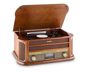 AUNA Belle Epoque 1908 - Retro Record Player, Vinyl Player with Stereo, Turntable, Belt Drive, Stereo Speakers, Radio Tuner, VHF Receiver, USB Slot, CD Player, Cassette Deck, Bluetooth, Brown