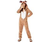Aunaeyw Adults Kids Christmas Reindeer Costume Santa's Helper Rudolf Reindeer Fancy Dress Long Sleeve Zip Up One Piece Jumpsuit Sleepwear Xmas Outfits (Khaki Woman, S)