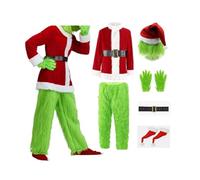Aunaeyw Christmas Costume Set Santa Claus Hat Top Boots Green Hair Monster Mask Gloves Cosplay Costume How Stole Christmas Costume Set - Including Mask Xmas Funny Cosplay Costume Props (L, Red-2)