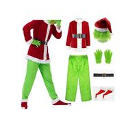 Aunaeyw Christmas Costume Set - Santa Claus Hat, Top, Boots, Green Hair Monster Mask, Gloves, Cosplay How Stole Christmas - Including Mask, Xmas Funny Cosplay Props (2XL, Red-1)