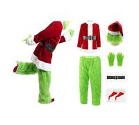 Aunaeyw Green Monster Christmas Santa Claus Costume Set Deluxe Furry Fancy Dress Outfit Halloween Xmas Funny Cosplay Costume Props for Women Men How Stole Christmas Costume Set