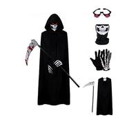 Aunaeyw Halloween Cloak Costume for Kids & Adults, Death Grim Reaper Horror Robe with Glowing Red Eyes Glasses, Scythe, Facewear, Gloves (Black big kids, 5Pcs)
