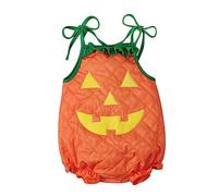 Aunaeyw Newborn Baby Halloween Outfit, Cartoon Pumpkin Face Print Tie-Up Romper Adjustable Shoulder Strap Jumpsuit Cosplay (Orange, 0-6 Months)