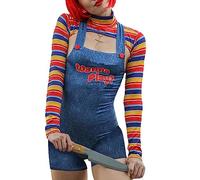 Aunaeyw Women 2 Pcs Halloween Costumes Scary Nightmare Killer Doll Wanna Play Movie Character Bodysuit Chucky Doll Costume Set (Blue, L)