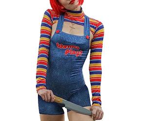 Aunaeyw Women 2 Pcs Halloween Costumes Scary Nightmare Killer Doll Wanna Play Movie Character Bodysuit Chucky Doll Costume Set (Blue, L)