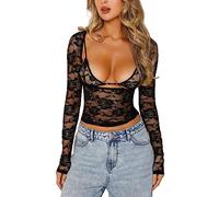 Aunaeyw Women Floral Lace Tops Low Cut Sheer Long Sleeve Pullovers Fitted Crop Shirt with Bra Clubwear Halloween Cosplay (Black, S)