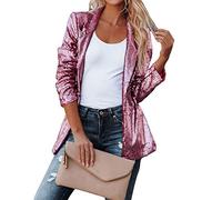 Aunaeyw Women's Sequins Blazer Solid Color Sparkle Glitter Long Sleeves Open Front Jacket Lapel Sparkly Coat for Party Club (Rose Red, S)