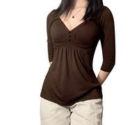 Aunaeyw Women's Summer Elegant T-shirt Short Sleeves V-Neck Ruffled Bead A-Line Tops 90s E Girls Slim Fit Summer Tees (B-Brown, M)