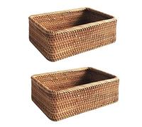Aundhegrtt 2X Hand-Woven Rectangular Rattan Wicker Basket Fruit Tea Snack Bread Picnic Cosmetic Box Kitchen Household Tools-L