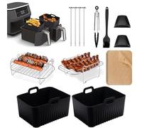 AUNEK Air Fryer Accessories, Set of 13 Pcs for Ninja Dual Air Fryer AF300UK AF400UK, 7.6L-9.5L Large Dual Silicone Air Fryer Liners, Grilling Racks, Safety Gloves, Oil Brush, Metal Skewers, Tong