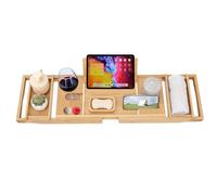 AUNEK Extendable Bath Tray, Luxury Wooden Bamboo Bathtub Shelf with Built-in Holders for Books, Tablets, Phones, Glasses & Candles, Adjustable Caddy Bridge Fits Most Bathtubs