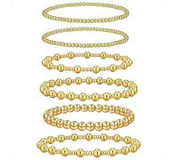 AUNEK Gold-Tone Beaded Stretch Bracelet Set for Women, 6-Piece Stackable Elastic Ball Bead Bracelets, Minimalist Layering Jewelry, Gift Boxed