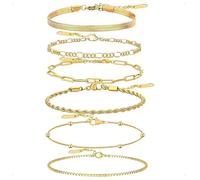 AUNEK Gold-Tone Bracelet Set for Women, 6-Piece Adjustable Stackable Chain Pack, Paperclip, Rope, Box & More, Waterproof Minimalist Jewelry, Gift Boxed