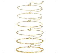AUNEK Gold-Tone Bracelet Set for Women, 6-Piece Adjustable Stackable CZ Tennis, Heart, Paperclip & Box Chain, Minimalist Waterproof Jewelry, Hypoallergenic Gift Boxed