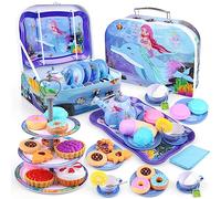 Auney 36 PCS Tea Set for Toddlers, Mermaid Toys Party Children Girls, Kids Real Littles Time with 13 Dessert Toy, Filter Bags and Lemon Slices, Pretend Play Gift Kid Age 3+ (WS0080)