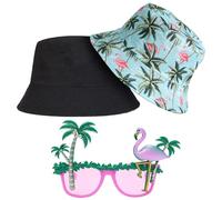 AUNGCSHE Cappello Pescatore Bucket Hat Set with Flamingo Sunglasses and Palm Tree Hawaiian Style Fun Accessories for Party Beach Holiday and Summer (Blue 4)