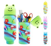 AUNGKWANG Kawaii Unicorn Monster Chick Frog Soft Silicone Pencil Case with 6 Decorative Charms, 2 in 1 Retractable Pencil Case and Pen Holder, School Supplies Boy Girl Present, green, toy pencil case