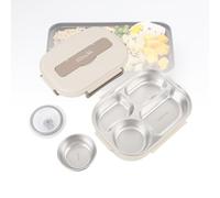AUNMAS 316 Stainless Steel Lunch Box, 1500ml Multi Compartments Leakproof Microwave Safe Food Storage Container with Utensils Soup Bowl for School Work Travel (Beige)