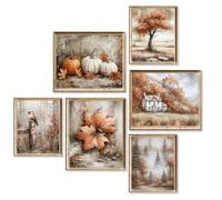 AUNMER 6 Pack Autumn Wall Art Prints, Rustic Fall Countryside Posters with Pumpkin, Maple Leaves, Woodland Bird, Trees and Cottage, Vintage Farmhouse Seasonal Décor for Living Room Bedroom, Unframed